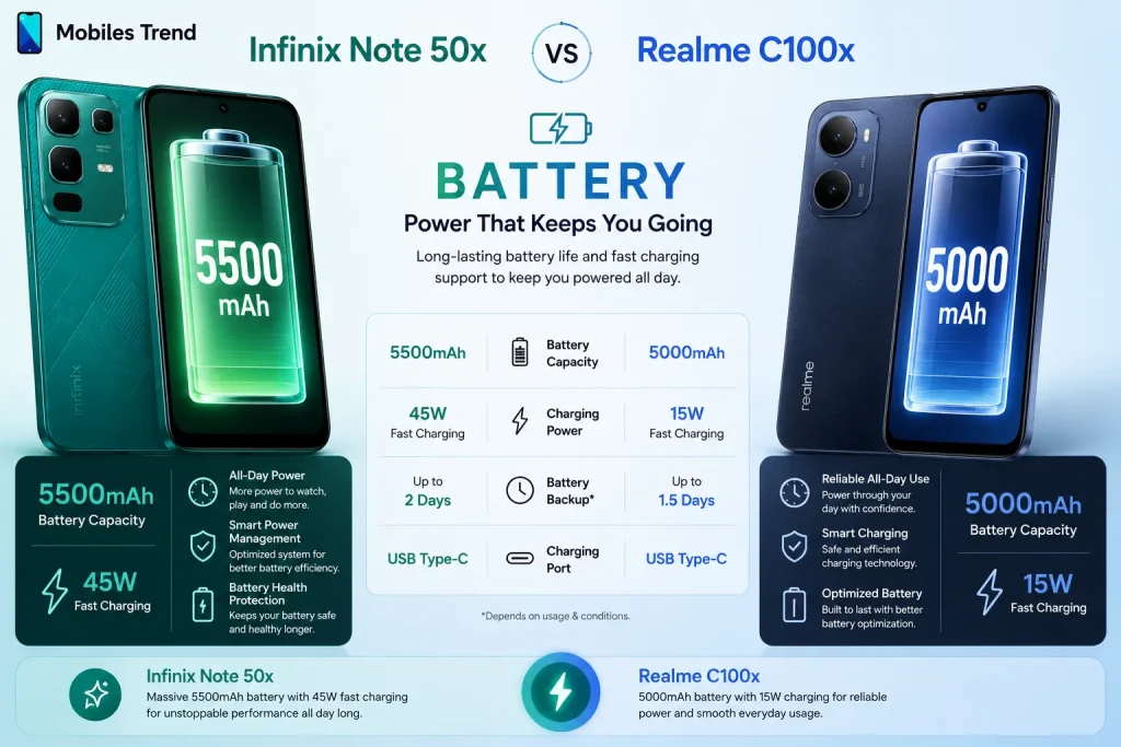 Realme C100x 8000mAh battery vs Infinix Note 50x 5200mAh battery comparison Pakistan