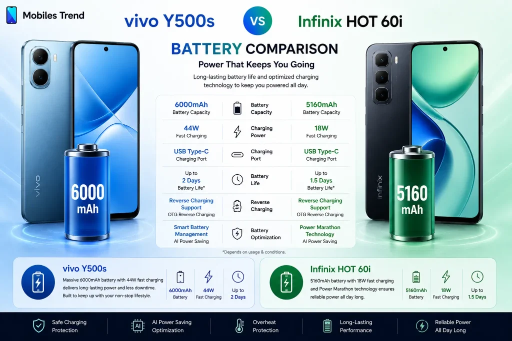 Vivo Y500s 7200mAh battery vs Infinix Hot 60i 8GB 5160mAh 45W charging comparison