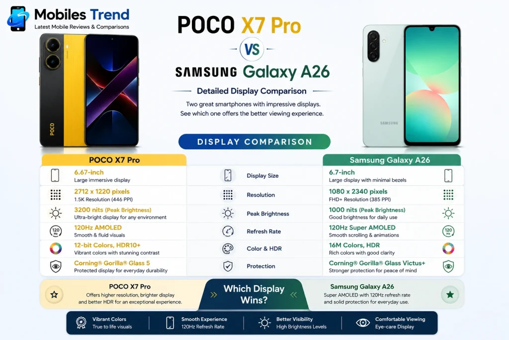 POCO X7 Pro 3000 nits display vs Samsung Galaxy A26 5G Super AMOLED brightness comparison