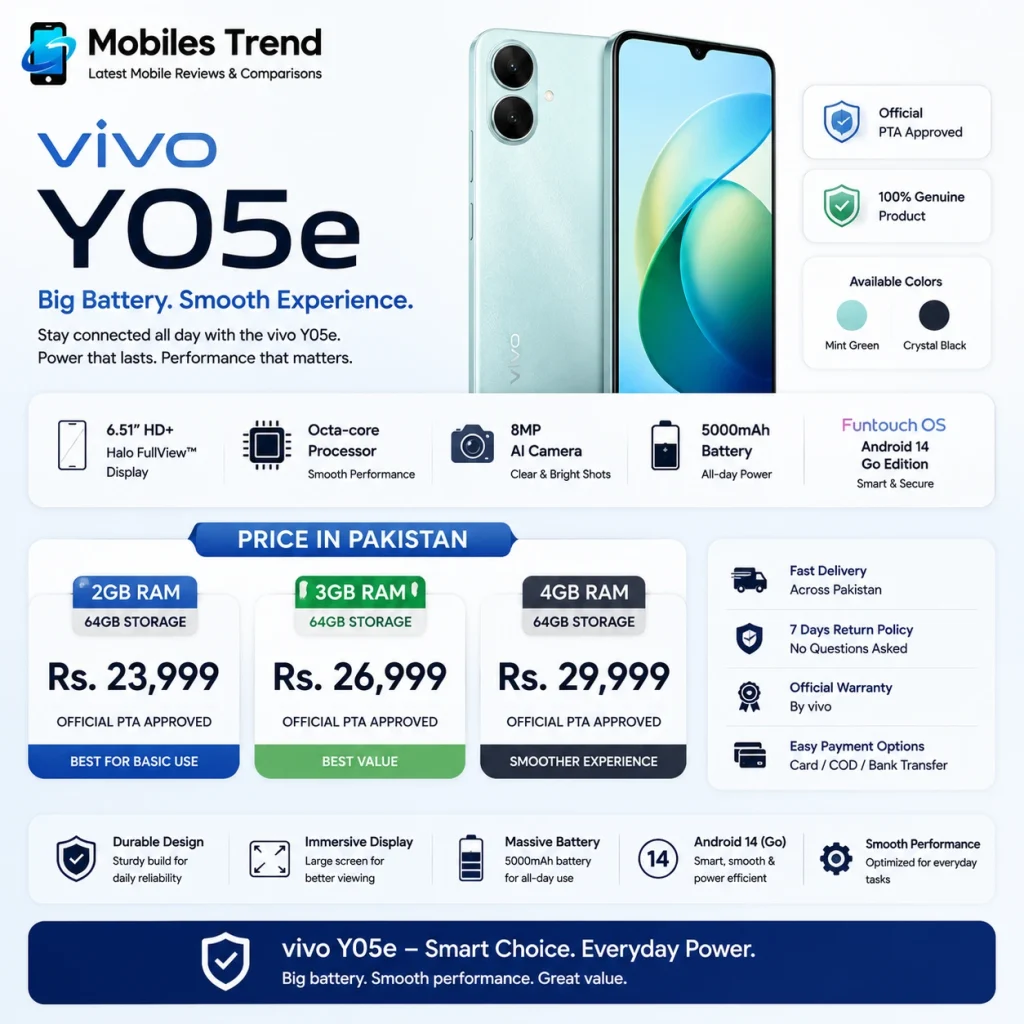 Vivo Y05e price in Pakistan 2026 budget smartphone green color