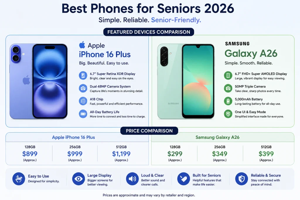 Apple iPhone 16 Plus Samsung Galaxy A26 5G best smartphones for seniors 2026