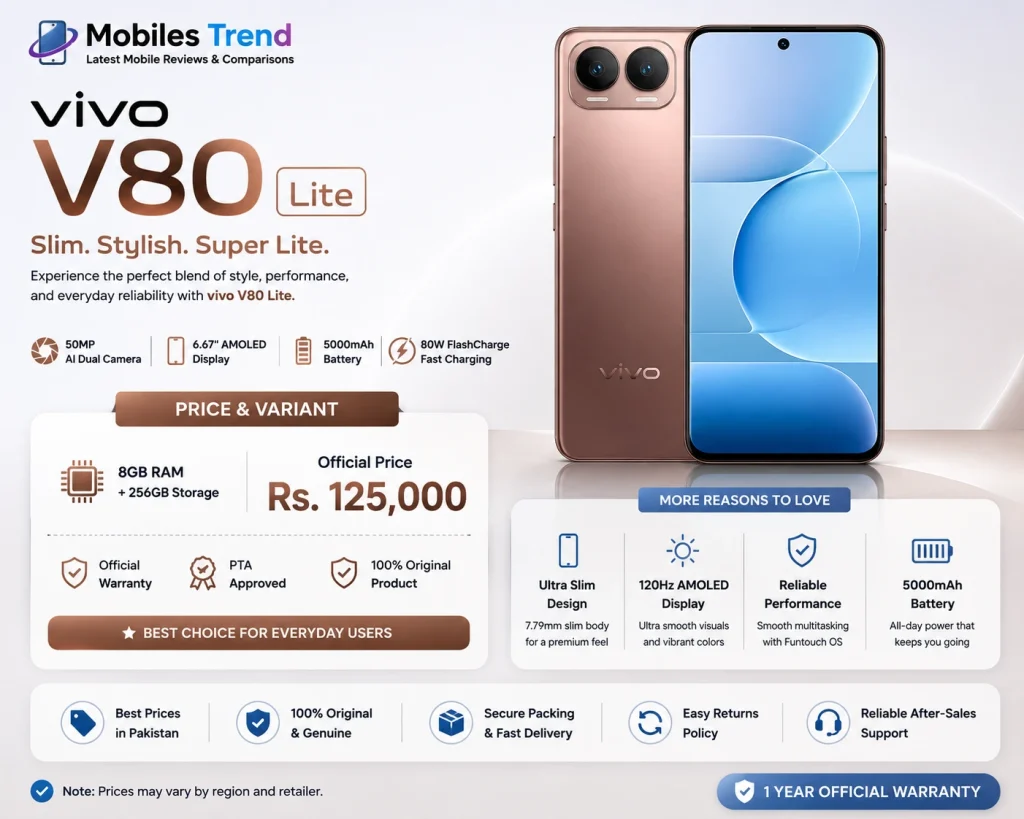 Vivo V80 Lite 7050mAh IP68 IP69 price Pakistan 2026 Rs 124999 slim 7.39mm