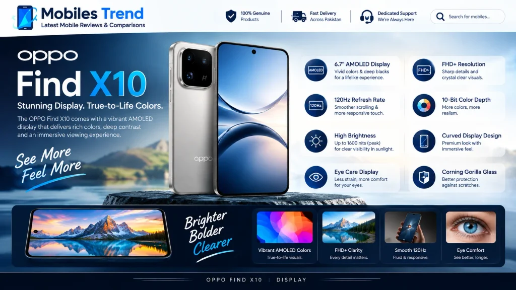 Oppo Find X10 0.99mm bezel flat OLED 460 PPI display Corning Gorilla Glass Pakistan