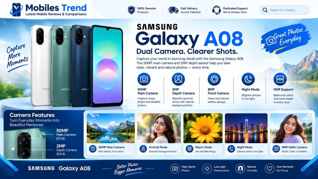 Samsung Galaxy A08 50MP PDAF camera 1080p video Pakistan 2026