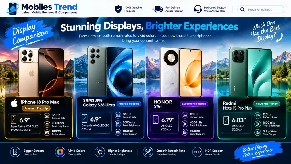 trending mobiles 2026 display comparison iPhone 18 Pro Max Samsung S26 Ultra HONOR X9d Redmi Note 15