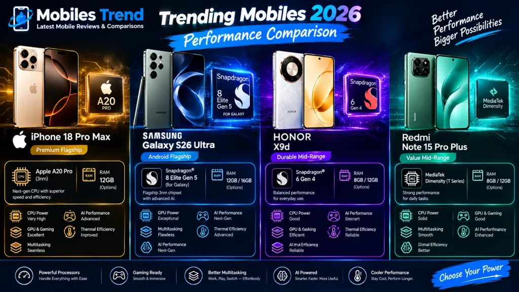 trending mobiles 2026 performance comparison Snapdragon 8 Elite Gen 2 A19 Pro Dimensity 8300 Ultra Pakistan