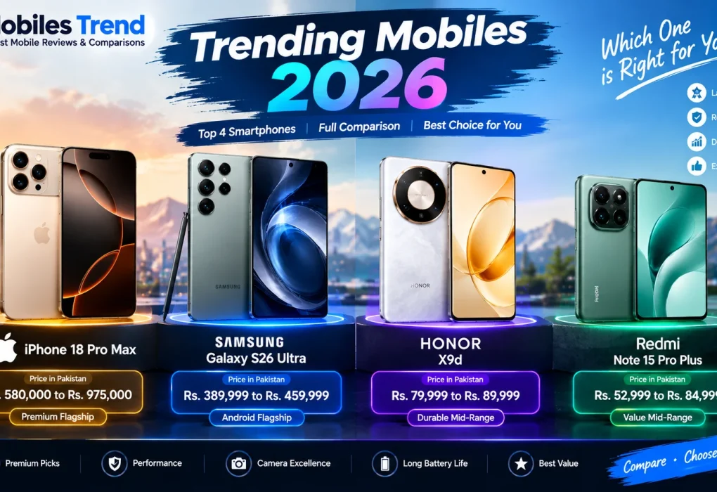 trending mobiles 2026 Pakistan price comparison iPhone Samsung HONOR Redmi