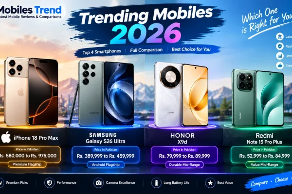 trending mobiles 2026 Pakistan price comparison iPhone Samsung HONOR Redmi
