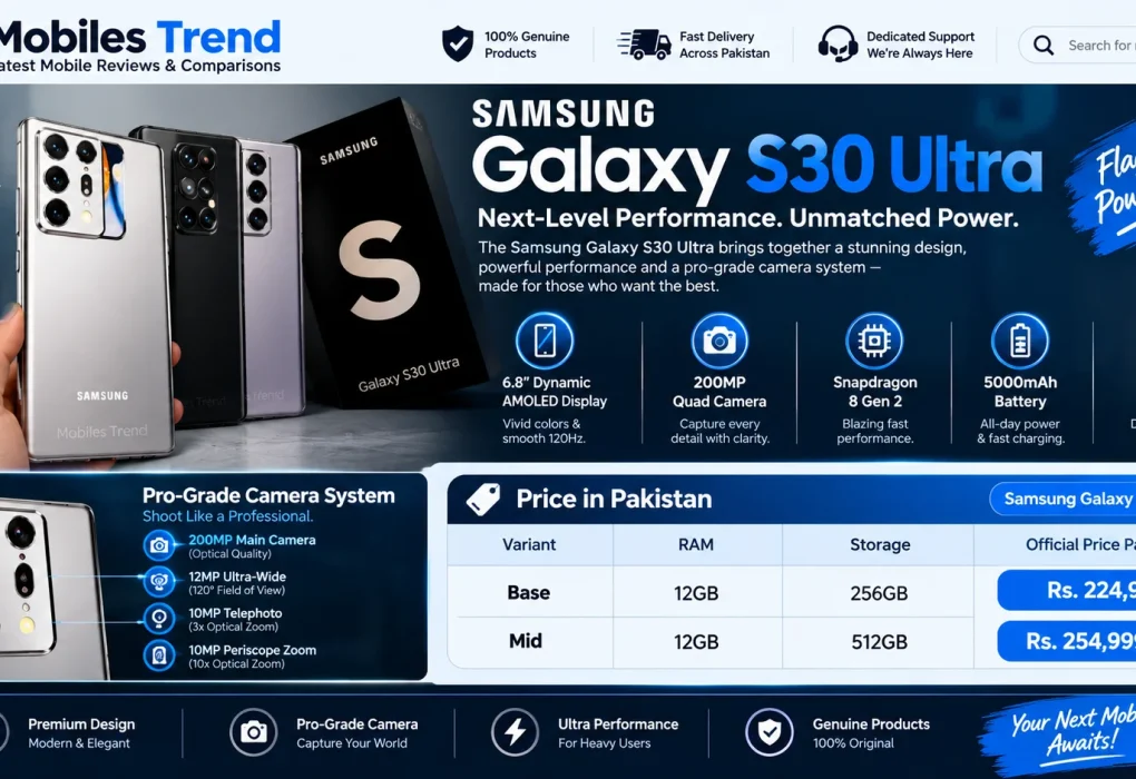Trending mobiles in Pakistan 2026 — Samsung Galaxy S30 Ultra leads with Rs. 224,999 price, Exynos 2100, 108MP camera, 144Hz AMOLED display and Samsung DeX. Full honest review.