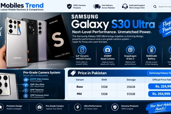 Trending mobiles in Pakistan 2026 — Samsung Galaxy S30 Ultra leads with Rs. 224,999 price, Exynos 2100, 108MP camera, 144Hz AMOLED display and Samsung DeX. Full honest review.