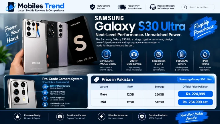 Trending mobiles in Pakistan 2026 — Samsung Galaxy S30 Ultra leads with Rs. 224,999 price, Exynos 2100, 108MP camera, 144Hz AMOLED display and Samsung DeX. Full honest review.