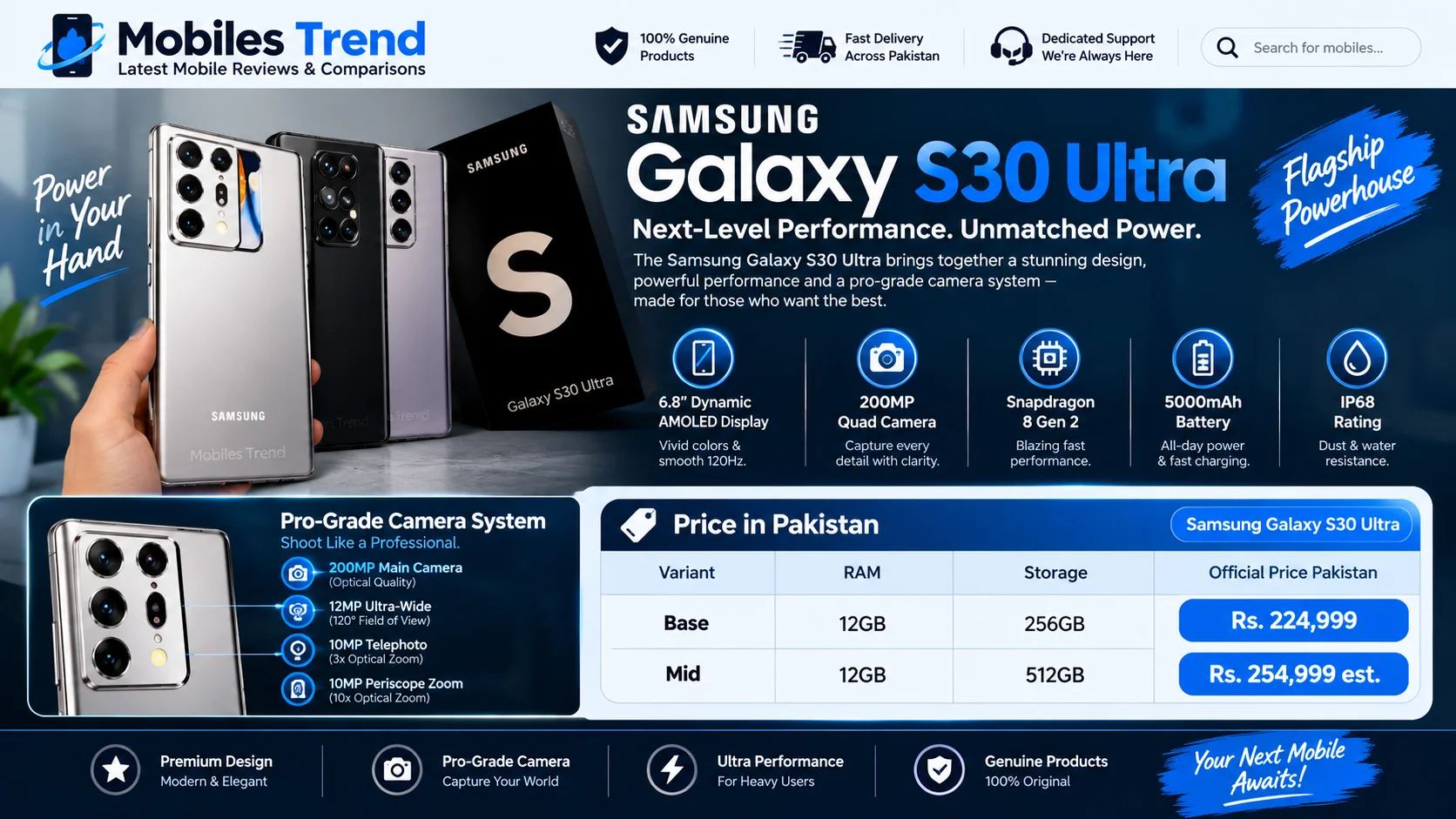 Trending mobiles in Pakistan 2026 — Samsung Galaxy S30 Ultra leads with Rs. 224,999 price, Exynos 2100, 108MP camera, 144Hz AMOLED display and Samsung DeX. Full honest review.