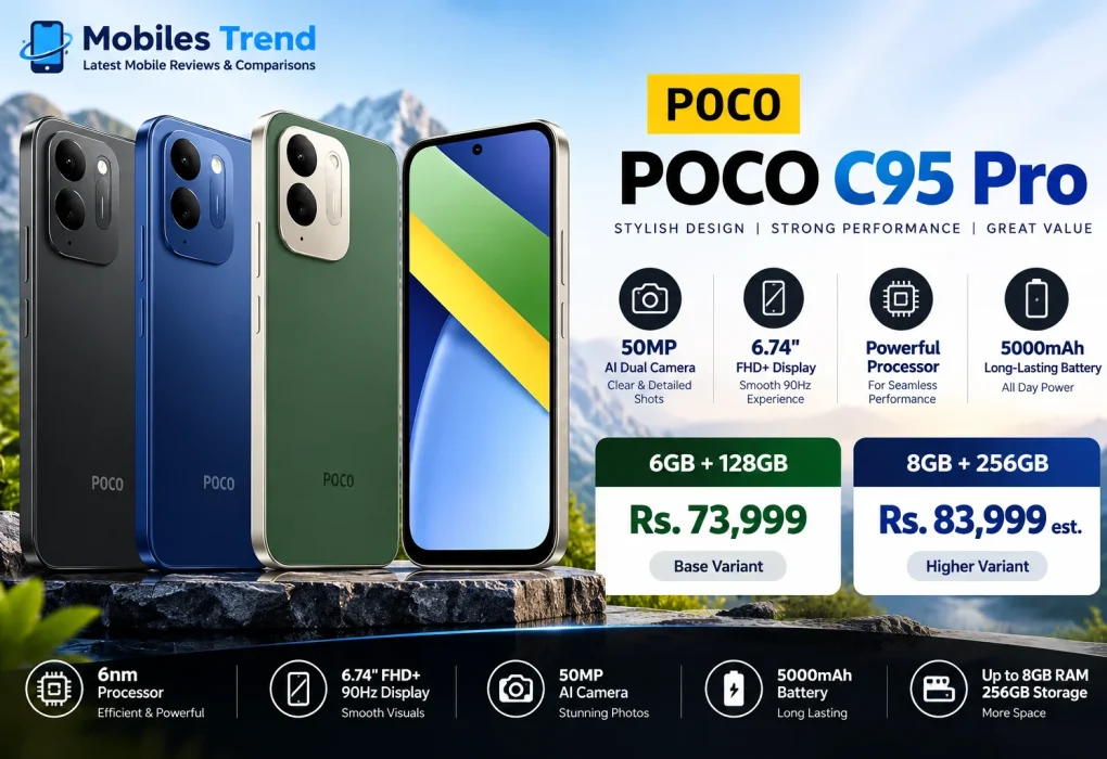 Poco C95 Pro best mobile under 75000 Pakistan 2026 Rs 73999 Black Blue Green Gold