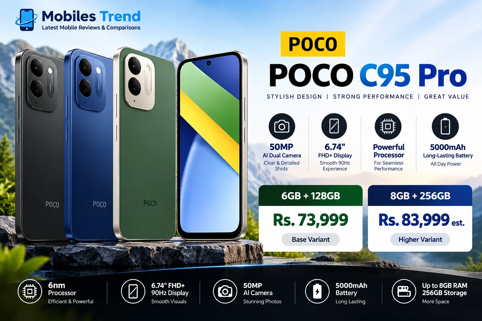 Poco C95 Pro best mobile under 75000 Pakistan 2026 Rs 73999 Black Blue Green Gold
