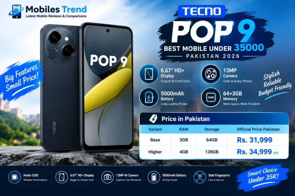 Tecno Pop 9 best mobile under 35000 Pakistan 2026 Rs 31999 NFC Glittery White Lime Green